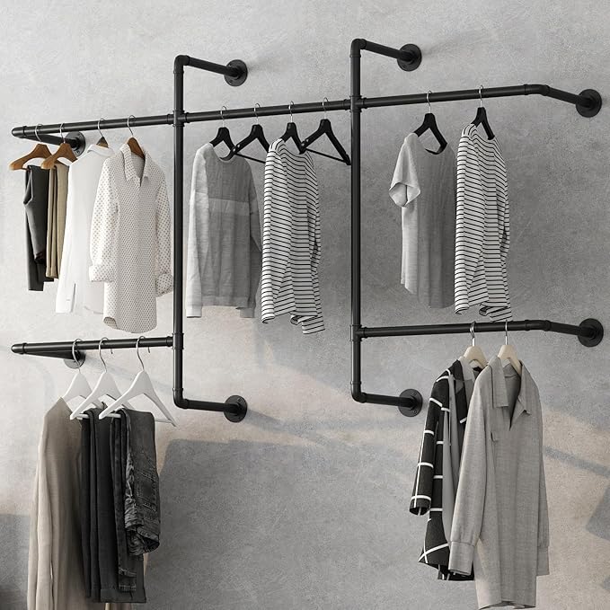 Industrial Pipe Clothing Racks with 5 Hanging Rods, Industrial Clothes Racks Wall Mounted, Heavy Duty Black Pipe Clothing Rack, Metal Closet Rods for Hanging Clothes