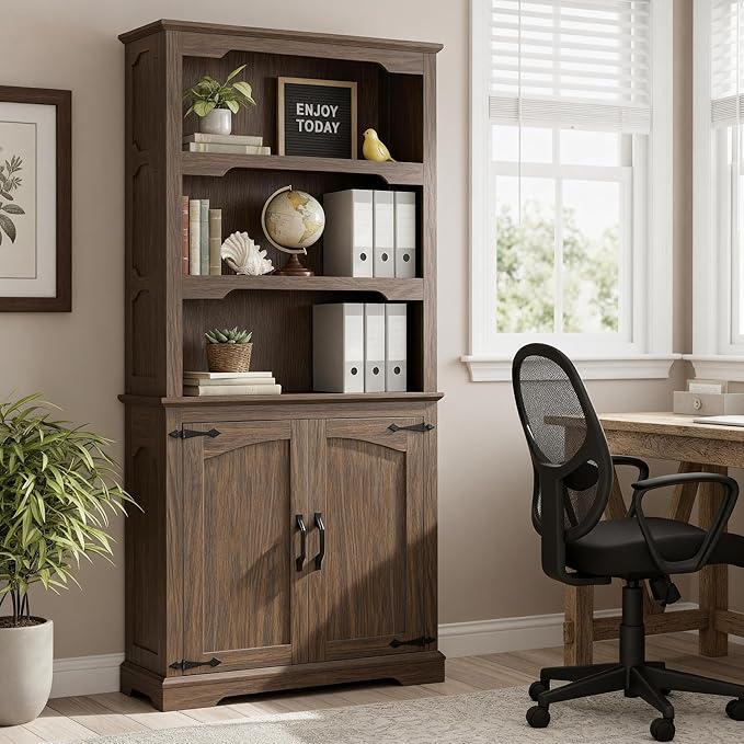 70 Inch Farmhouse Bookcase, Walnut Two-Tone Shelves, 5 Tier Bookshelf with Arched Trim Doors, Living Room Storage Cabinet Unit, 31.5x11.8 Inches (Walnut, Doors Storage)
