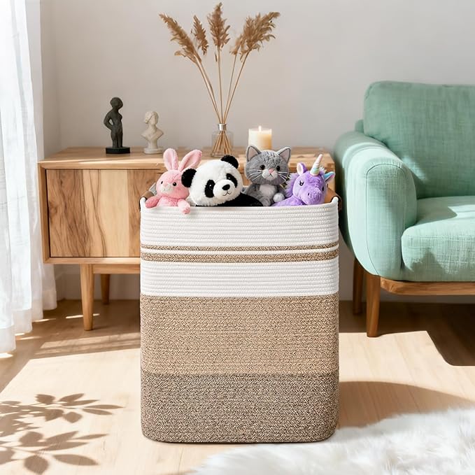 Laundry Hamper, 85L Tall Laundry Basket with Leather Handles, Rectangle Large Clothes Hamper for Organizing, Cotton Woven Laundry Baskets Storage Hampers for Bedroom, Nursery, Living Room