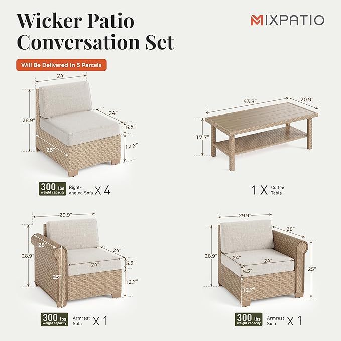 Patio Furniture Set, 7 Piece Outdoor Rattan Wicker Sectional Conversation Set with 5.5" Thick Waterproof Cushions and Coffee Table for Deck Backyar