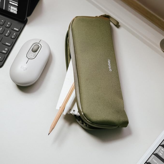 Olive Expandable Desk Storage Pouch – Fold-Down Access Panel, Pen Loop, Recycled Water-Resistant Material – Self-Standing Organizer for Office, Travel, Tech Gear