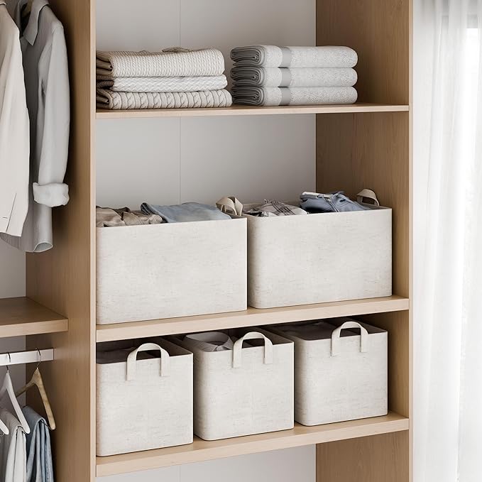 StorageWorks Storage Bins, Shelves Baskets for Organizing, Large Fabric Closet Organizers with Handles, Metal Frame, Beige（Cotton-linen）, 2-Pack