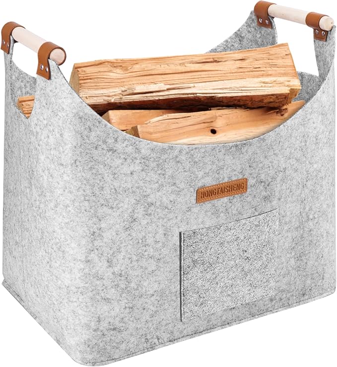 XL 4MM Felt Firewood Carrier | Log Carrier for Firewood | Wood Container with Extra Thick Felt Foldable & Reinforced Handle | Storage Basket for Shopping, Firewood, Logs, Newspaper (LIGHT GRAY)
