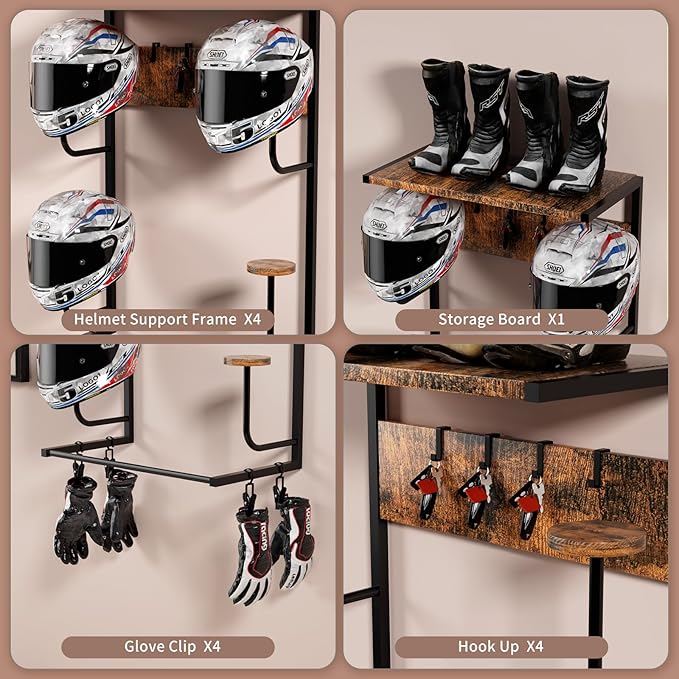 Motorcycle Helmet Holder Wall-Mounted Helmet Rack with 4 Glove Chips& Hooks - Rustic Bike Helmets Storage Organizer, Universal Wall Mount for Helmets, Gear, Clothes, Accessories，Retro