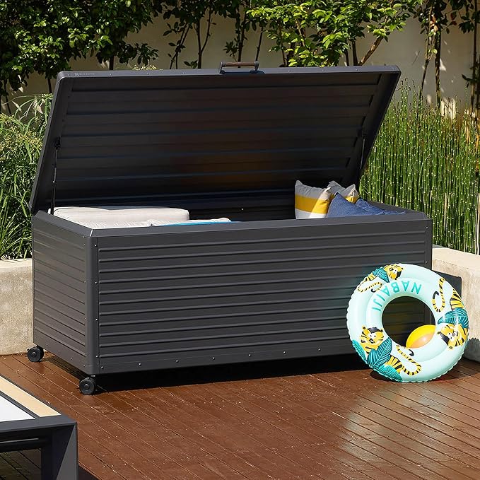 MIRADOR 281 Gallon Outdoor Storage Box Waterproof, Metal Deck Box with wheels for Patio Furniture, Garden Tools, Outdoor Cushion, Charcoal
