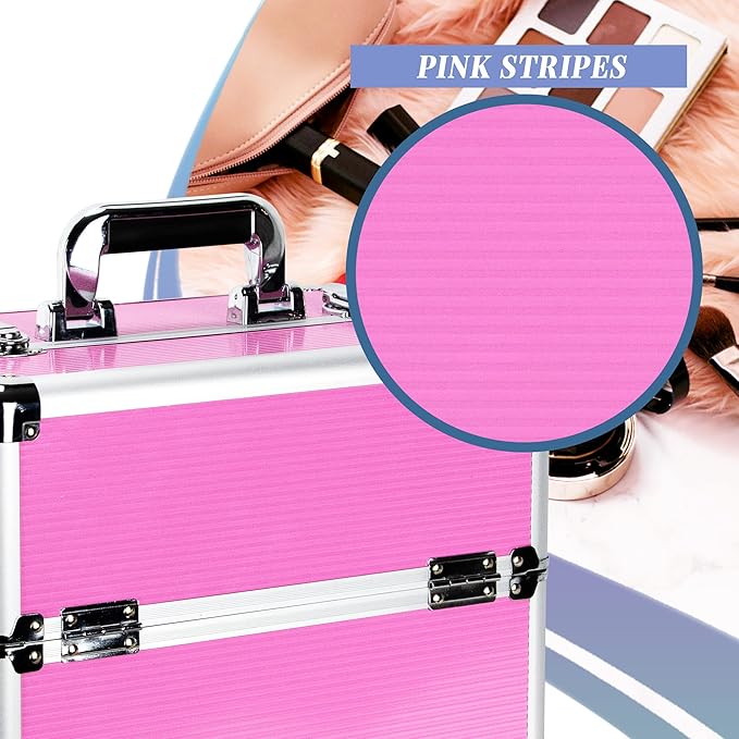 Ver Beauty Makeup Organizer, Cosmetic Travel Kit, Makeup Artist Supplies, 2 Sliding Trays, Lockable Storage Box, Makeup Train Case, Aluminium Case, Lightweight Makeup Vanity (Pink Stripes)
