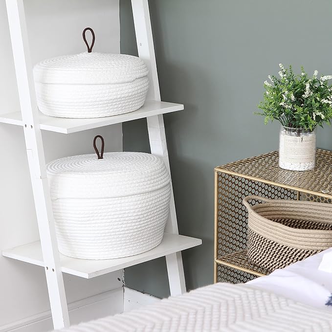 Sea Team Round Cotton Rope Storage Basket with Lid, Decorative Woven Storage Bin, Pot, Caddy, Organizer, Container for Snacks, Towels, Plants, 13 x 9 Inches (Large, White)