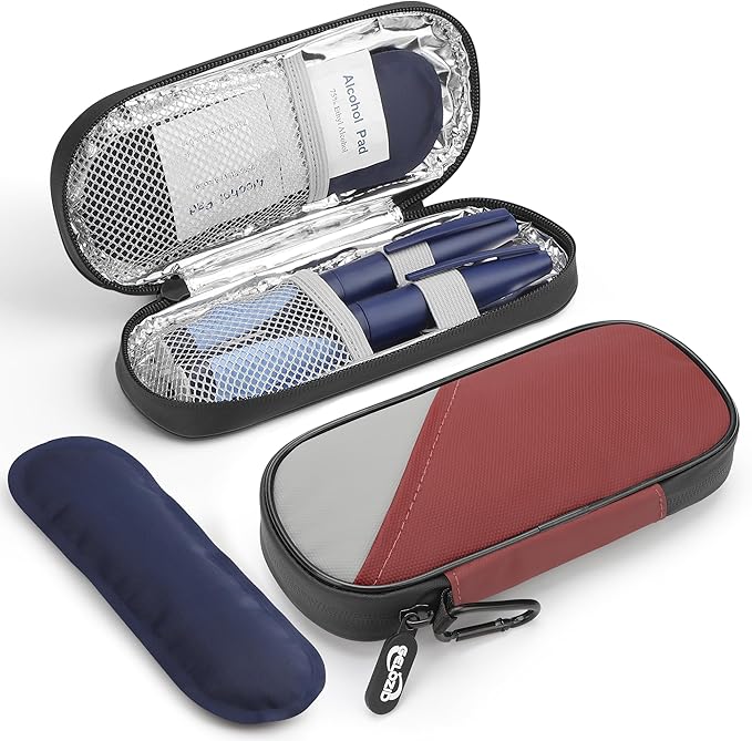 Insulin Travel Case Diabetic with 2 Reusable Ice Packs for Insulin Pen and Other Diabetic Supplies, Insulin Cooler Travel Case for The Daily Life and Trip, Red with Gray