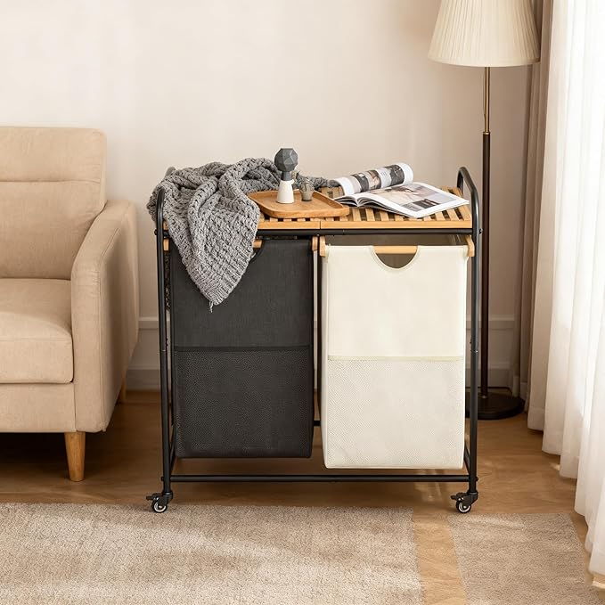Laundry Sorter 2 Section, Laundry Hampers with Removable Shelf and Pull-Out Bags, Rolling Cart Clothes Hampers Basket with Wheels for Laundry Room Bathroom, 2 x 46 L