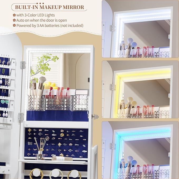 61" Full Length Mirror Jewelry Cabinet with Storage – Rotating, Lockable Jewelry Armoire with Velvet Lining, Standing Organizer for Women – Ideal Gift for Jewelry Storage & Display, White