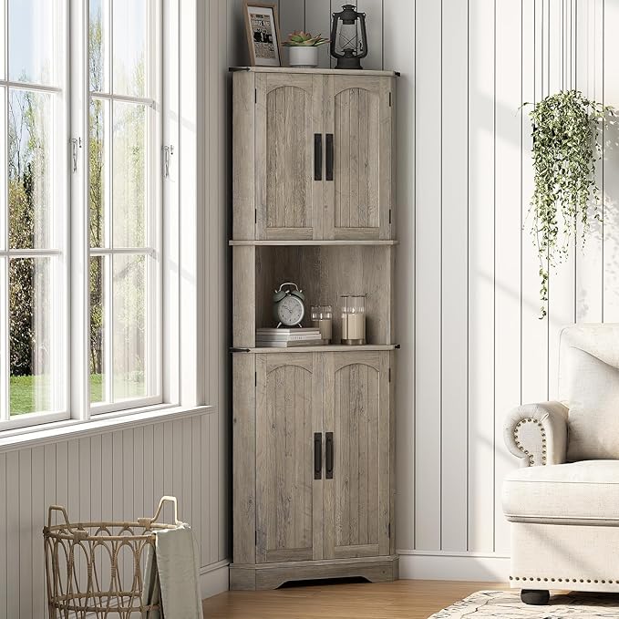 Maupvit Tall Corner Cabinet, Farmhouse Corner Storage Cabinet with 4 Barn Doors and Adjustable Shelves, Storage Pantry Cabinet for Kitchen, Living Room, Laundry Room, Grey