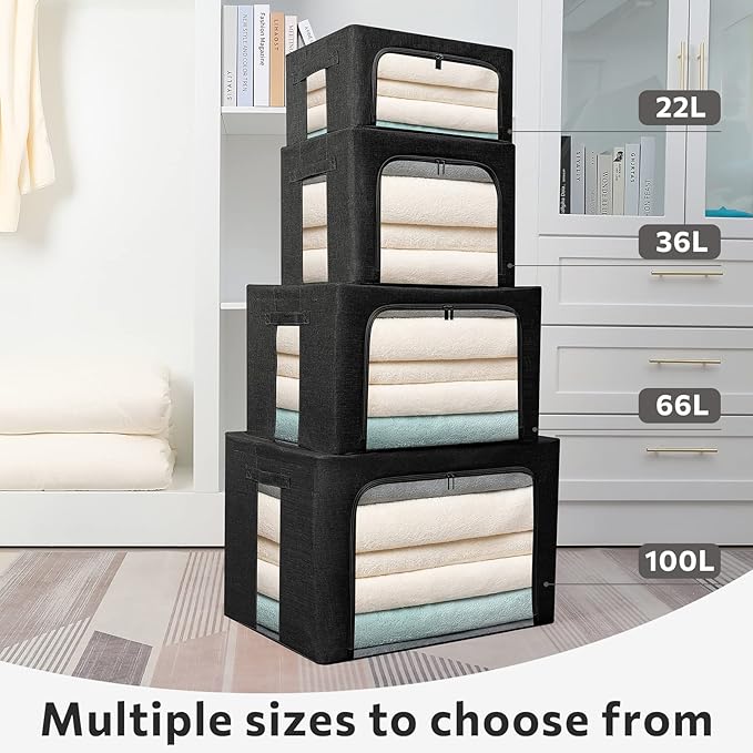 FHSQX 2 Pack Clothes Storage Bins Foldable Metal Frame Storage Box Linen Fabric Organizer Set with Carrying Handles and Clear Window (Black, 15.7x 11.8x 7.8Inch)