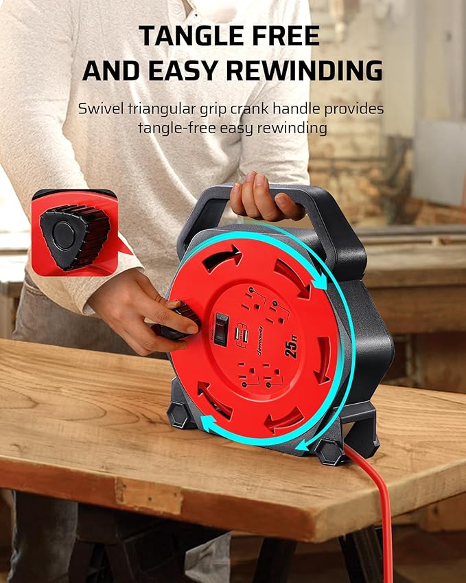 DEWENWILS Cord Reel with 4 Power Outlets, 2-USB Ports(3.4A Fast Charge), 25FT Retractable Extension Cord Reel, Heavy Duty SJTW 16/3 Cable, 13A Circuit Breaker, Hand Wind, UL Listed