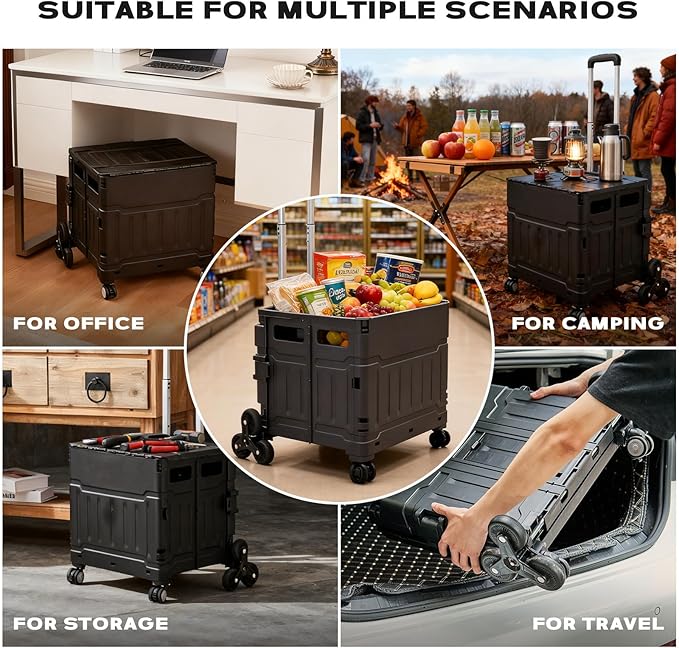 Utility Cart Teacher Cart with Stair Climbing Wheels Foldable Shopping Cart, with Telescopic Handle, Ideal for Outdoor Home Use and Teacher/Student Book Storage. (Black, Large)