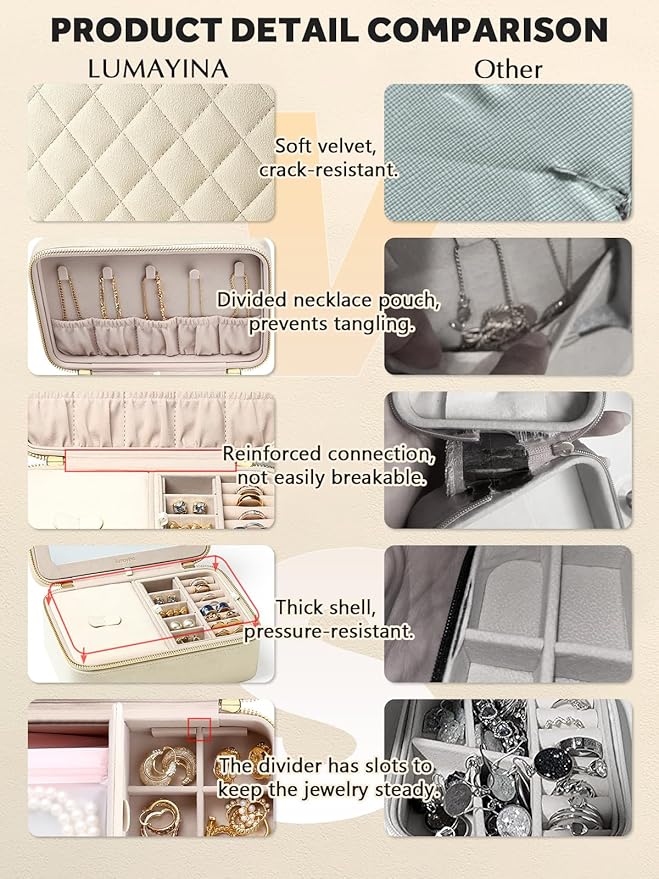 Velvet Travel Jewelry Box with Large Mirror, Double-Layer Jewelry Organizer Case for Women and Girls, Portable Storage Case with 6 Anti-Tarnish Bags Gift Ready for Her (Beige)
