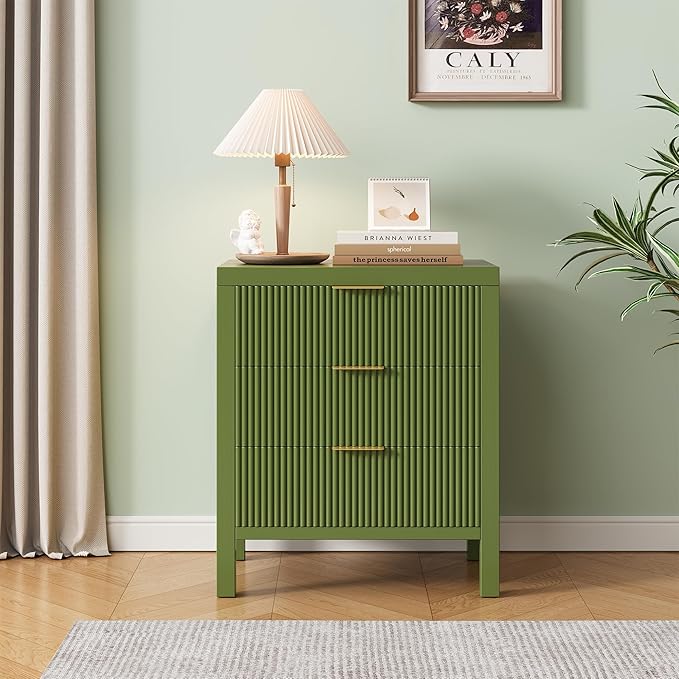 3 Drawer Dresser, Modern Wood Storage Chest of Drawers Organizer with Waveform Panel, Fluted Dresser with Wide Drawers and Golden Handles for Bedroom, Hallway, Entryway, Green