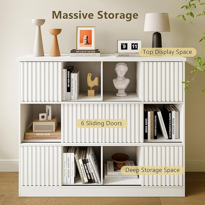 iPormis 12 Cube Bookcase with 6 Fluted Sliding Doors, 3 Tier Wooden Bookshelf, 47.2” Freestanding Cube Storage Organizer for Living Room, Office, Bedroom, Semi-Open Bookshelves, White