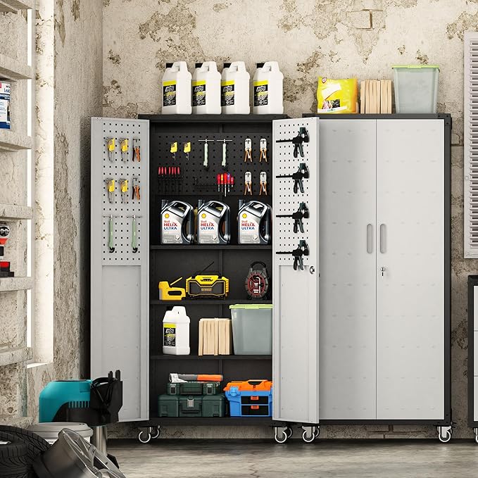 Garage Metal Storage Cabinet,71" Rolling Tool Cabinet with Pegboard and 3 Adjustable Shelves,Heavy-Duty Shelving Unit with Lockable Doors for Garage,Workshop,Home & Office Organization