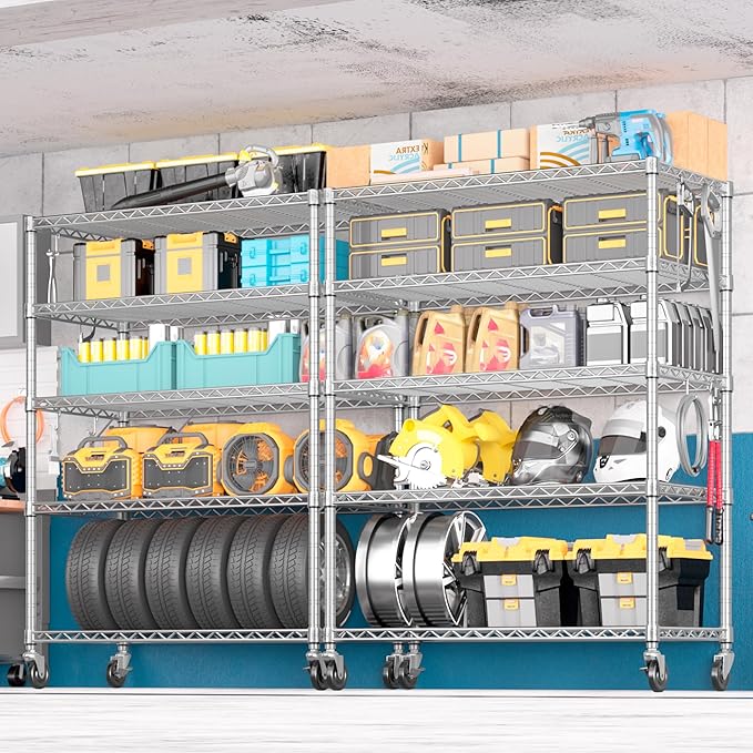 PrimeZone 5 Tier 48" Wx24''Dx81''H Wire Shelving with Wheels 3000lbs NSF Certified Storage Shelves Heavy Duty Metal Shelf Adjustable Rolling Rack Commercial Garage Restaurant Warehouse Chrome 2Pack