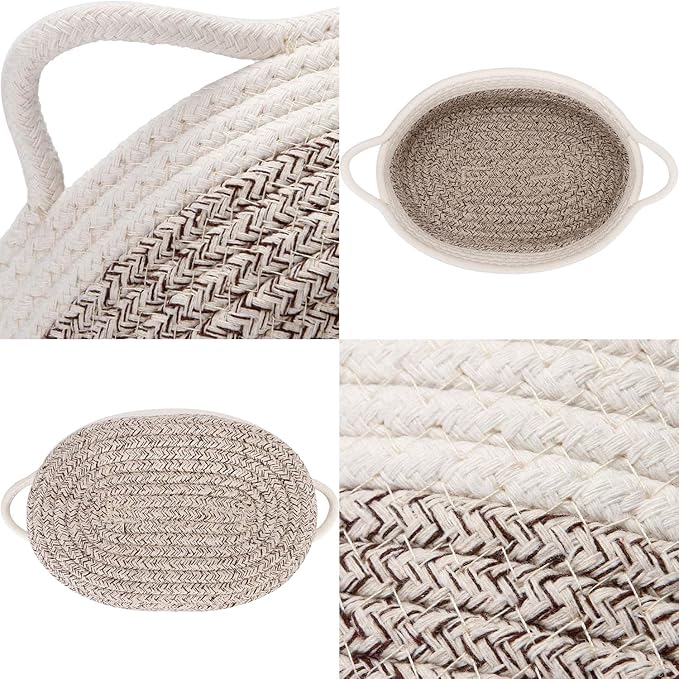 Sea Team 2-Pack Cotton Rope Baskets, 10 x 7 x 4 Inches Small Woven Storage Basket, Fabric Tray, Bowl, Oval Open Dish for Fruits, Jewelry, Keys, Sewing Kits (Mottled Brown & White)