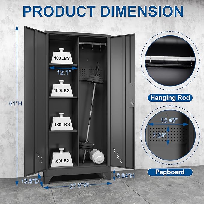Garage Storage Cabinet, Broom Closet Storage Cabinet, Storage Shed, Metal Cabinets with Doors and Shelves, Tool Shed for Brooms and Mops, Utility Cabinets for Storage,Small Cabinet