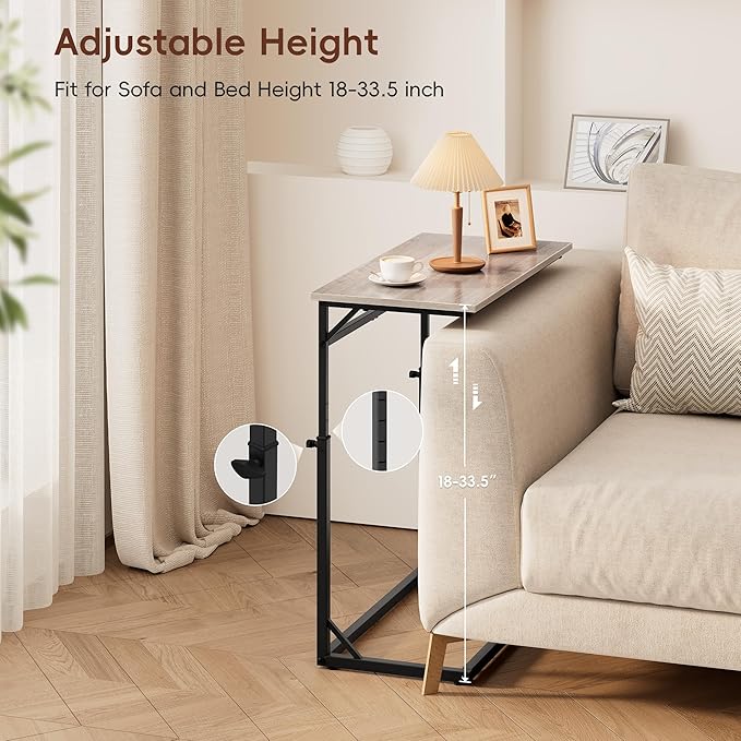 Vagusicc C Shaped End Table, 33.5"Tall Side Table for Couch, C-Table Sofa Table Adjustable Height Side Table, Large Surface Slide Under Couch Table, Coffee Table TV Tray for Living Room, Bedroom, Grey