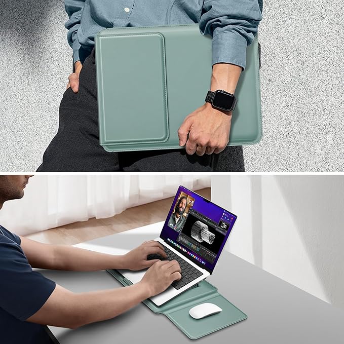Fintie Sleeve Case for MacBook Air 13.6 A3240 A3113 A2681, Pro 14 A3434 A3401 A3185 A3112 A2992 A2918 A2779 A2442, MacBook Pro/Air 13 - PU Leather Slim Bag Cover with Stand Feature, Green