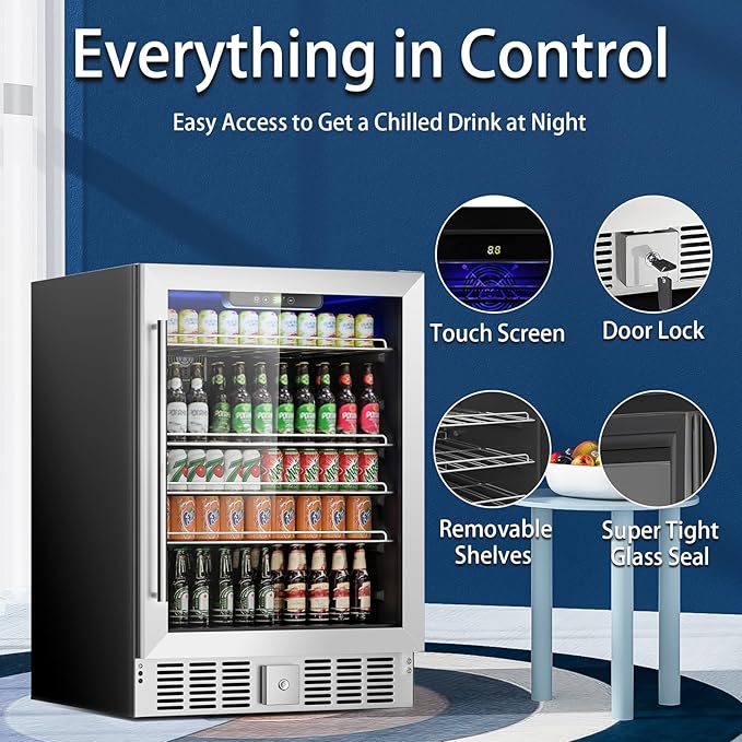 Beverage Refrigerator Cooler, 182 Can Mini Fridge Glass Door for Drinks Soda, Beer, or Wine - Small Refrigerator for Office Bedroom Home Bar, Adjustable Shelves, 5.3 Cu.Ft, Silver