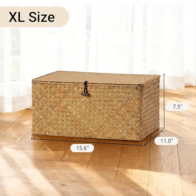 Nonam Seagrass Storage Large Basket with Lid Set of 3,Wicker Basket Storage Bin with Lid for Shelves,Boho Decor,Handwoven Shelf Basket for Organizing-Storage Container Box for Home Organization
