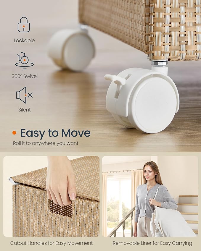 SONGMICS HOME Laundry Hamper with 4 Section, 180 L Large Rolling Laundry Basket with Wheels, Rattan Clothes Basket with Lid, Removable Liner with Handles, Natural Beige and Matte White ULCB603N01