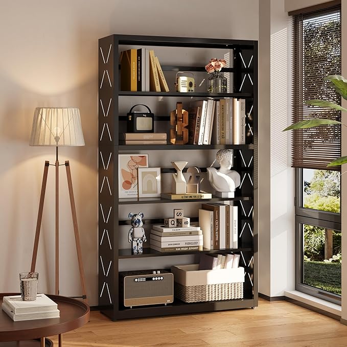 5 Tier Bookcase,Industrial Bookshelf,55" Black Metal Tall Bookshelf with Adjustable Feet and Adjustable Shelves,Home Office Bookcase Shelf Storage Organizer for Living Room、Kitchen