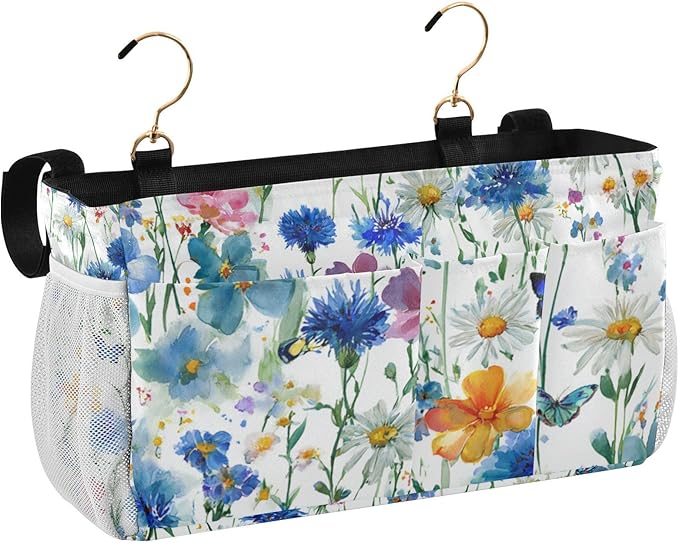 Watercolor Cornflower Daisy Bedside Caddy for Dorm Bed Bedside Hanging Caddy Bag Iron Frame Storage Organizer Pocket for Bunk Home College Hospital Beds 2 Hooks