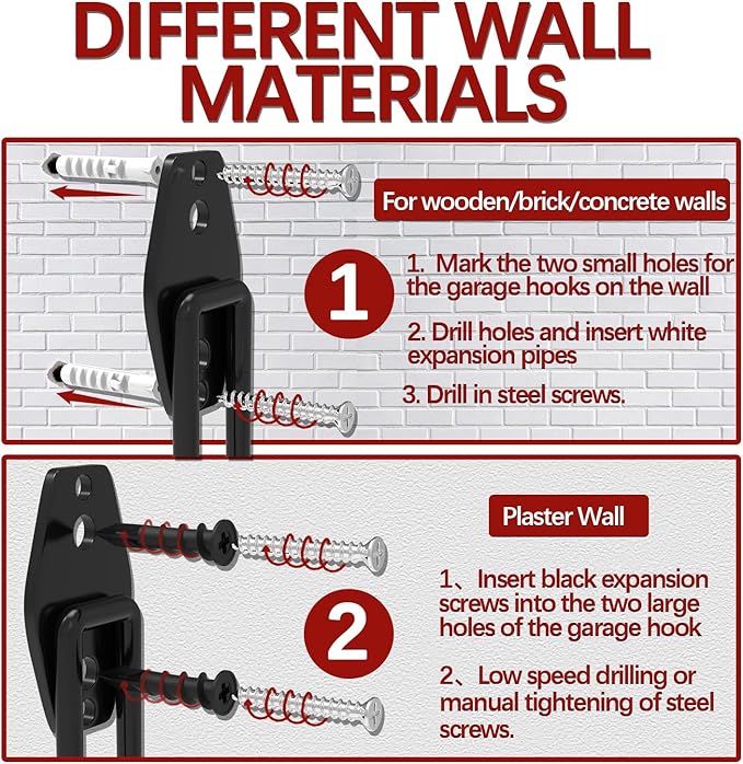 3-H Garage Wall Hooks 20 Pack, Garage Hooks Heavy Duty with Extra Welding Spots, Garage Organizer for Garden, Lawn, Chairs, Ladders, WeedEater, Shovel (Red)
