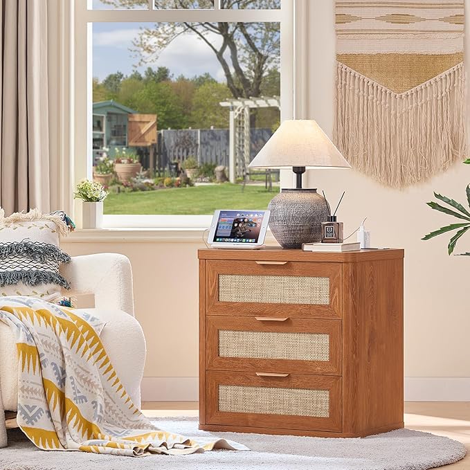 LEYAOYAO Rattan Night Stand Set of 2 with Charger Station, 23" Large 3 Drawer Boho Nightstand, Tea Brown Bedside Table Storage Cabinet, Bed Side End Tables for Bedroom, Living Room, Hallway