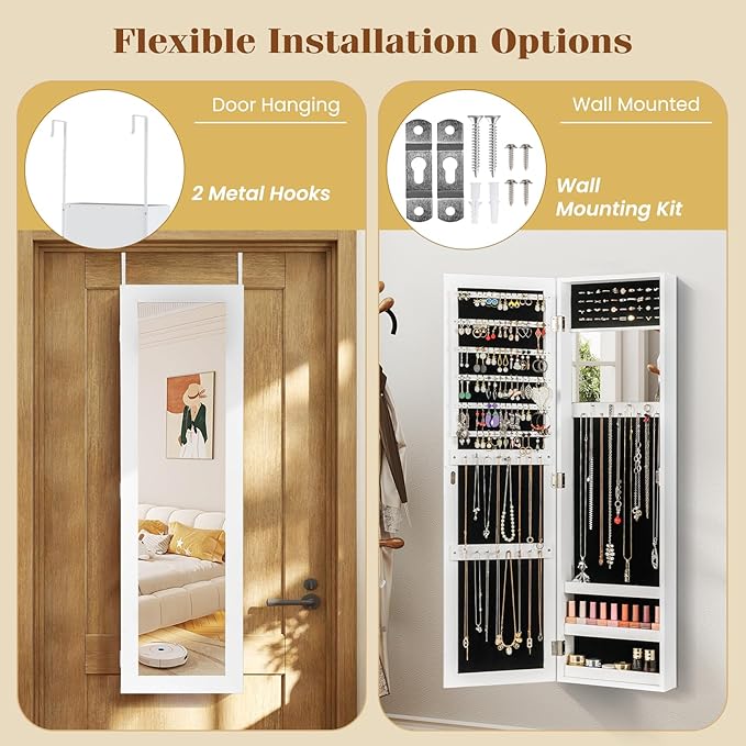 Giantex Wall Mounted Jewelry Cabinet with Full Length Mirror, Over The Door Jewelry Armoire Organizer with Large Storage, Makeup Mirror & Velvet Lining (White)