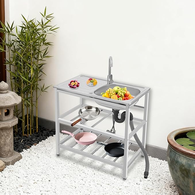 30" Stainless Steel Sink Kitchen Utility Sink with 360° Hot/Cold Faucet Freestanding Workbench 2 Layer Shelf Set for Modern Farmhouse Restaurant Hotel Garage and Laundry Room Outdoor Use