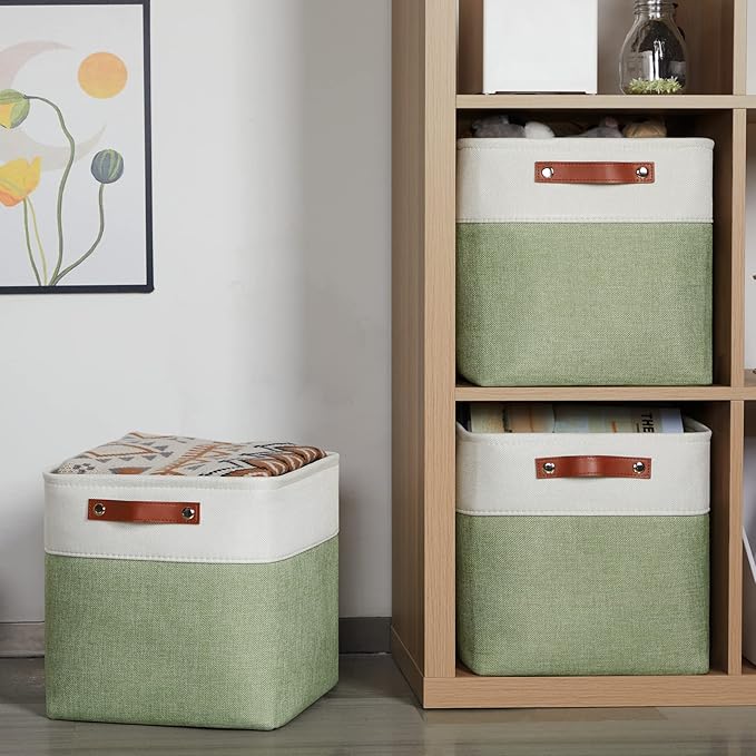 HNZIGE Fabric Storage Cubes Set of 4, 12 x 12 Decorative Bins for Shelf, Toy and Dog Toy Baskets for Kids (Green White)