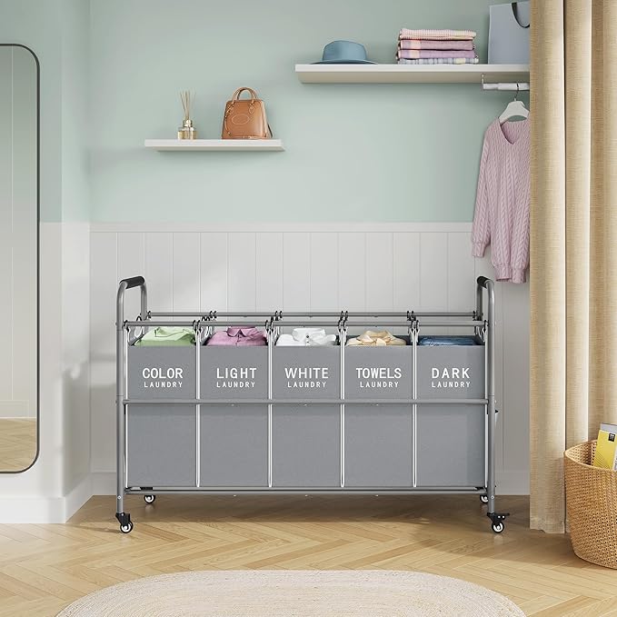 Tajsoon 5 Bag Laundry Sorter Cart, Laundry Hamper Sorter Basket with Heavy Duty Lockable Rolling Wheels for Clothes Storage, Grey & White