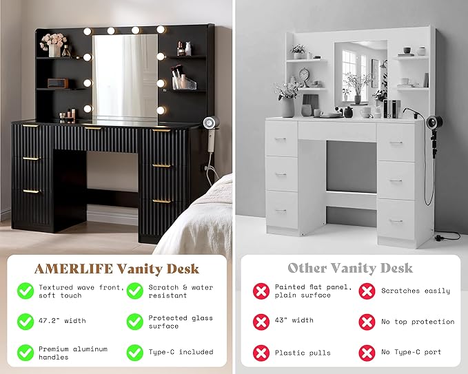 AMERLIFE 47.2" Fluted Vanity Desk with Mirror and Adjustable LED Lights, Large 7 Drawers Makeup Table with Glass Top and Charging Station for Women and Girls, Bedroom or Dorm, Black