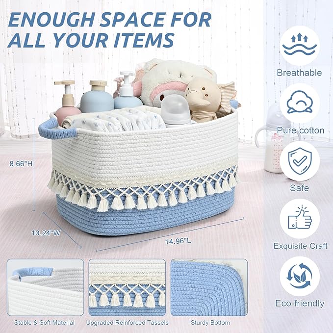 2 Pack Storage Basket, Heavy Tassel Woven Baskets for Storage, Boho Cotton Rope Storage Bin, Cube Organizer Bins, Baby Laundry Basket for Clothes, Toys, Diapers, Pets（White & Blue）