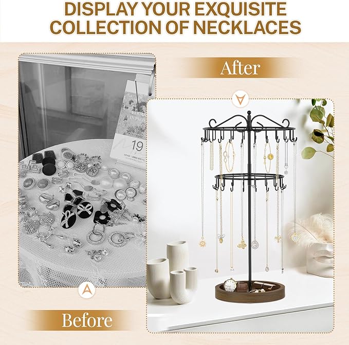 iDavosic.ly 2 Tier Rotating Necklace Holder Organizer with Wooden Jewelry Tray, Adjustable Metal Bracelet Display Stand with 42 Hooks, Extra Tall Keychain Spinning Tree Tower for Women, Black