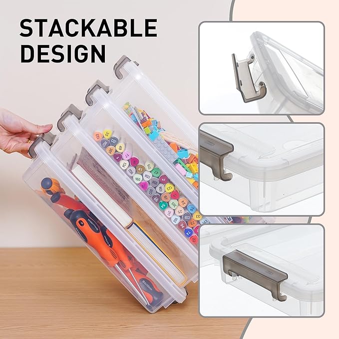 Citylife 10 PCS Plastic Storage Bins with Latching Lids Portable Project Case Clear File Box Stackable Storage Containers for Organizing A4 Paper, Photo, Document, Scrapbook