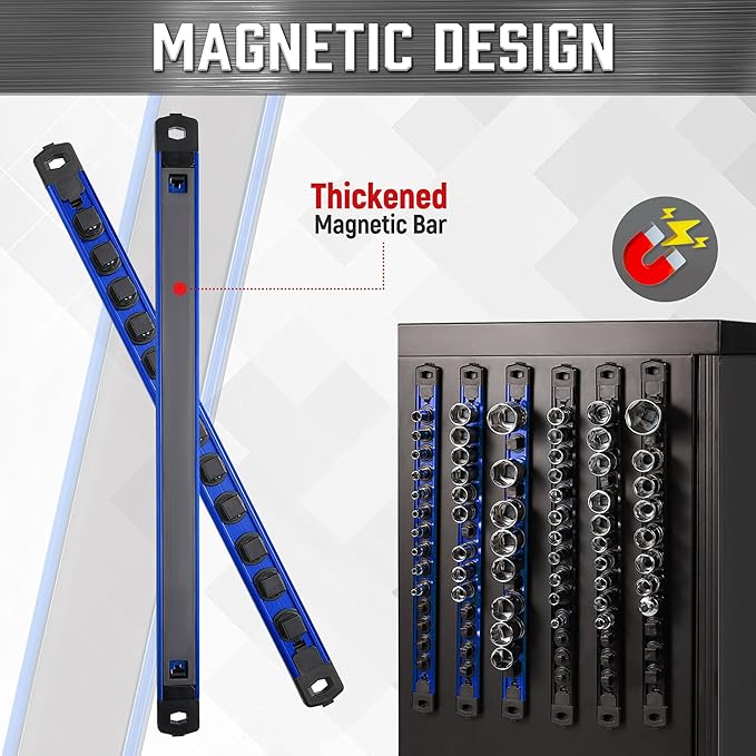 ALOANES 3-Piece Magnetic Socket Organizer, Heavy Duty Aluminum Socket Rails Organizer, 360° Swivel Clips Socket Holder Kit for Tool Box, 1/2, 3/8, 1/4-Inch Socket Holder x 40 Clips (Blue)