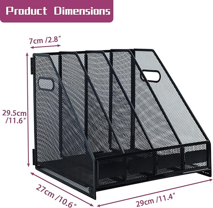 Desk Organizers, Metal Magazine File Holder with 4 Vertical Compartments Rack Binder File Organizer for Office Supplies, Home Workspace - Black