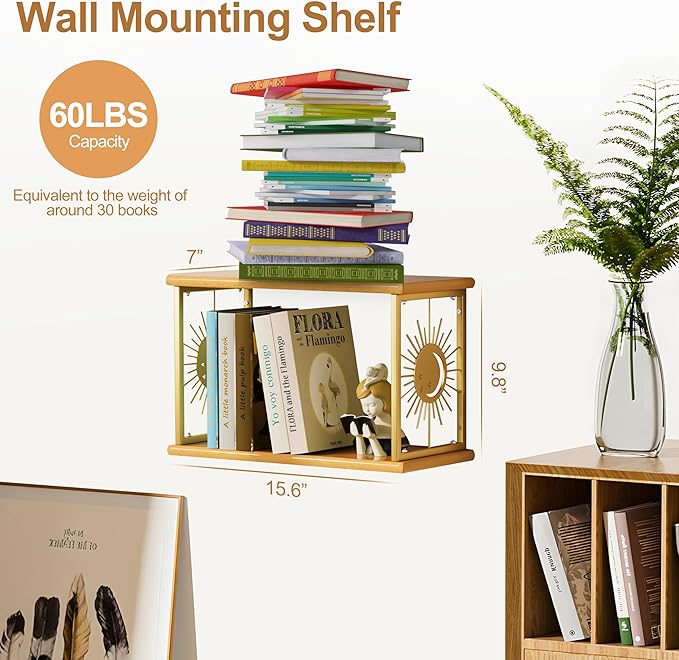 Floating Nightstand Set of 2 - Natural Solid Wood Night Stand, Wall Mounted Bedside Table 2 Tier Shelf, Modern Metal Celestial Side Floating Shelves Decor for Living Room Bedroom