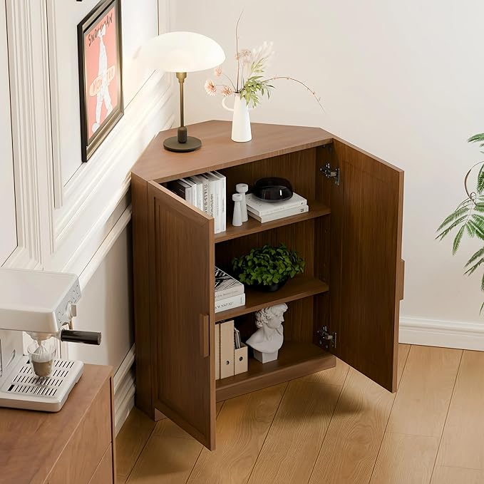 Casaphoria Farmhouse Corner Cabinet, Wooden Corner Storage Cabinet with Adjustable Shelves, Narrow Storage Organizer for Small Space, 36" H x 31" W x 16" D, 51Lb, Walnut