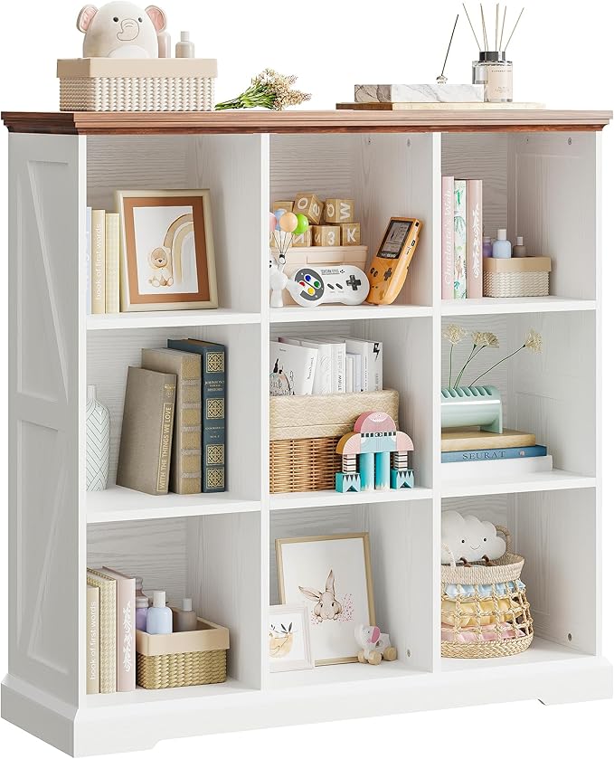 IRONCK 9 Cube Storage Organizer, Wooden Cube Shelf with Storage, Farmhouse Bookcase for Bedroom, Living Room and Home Office, White