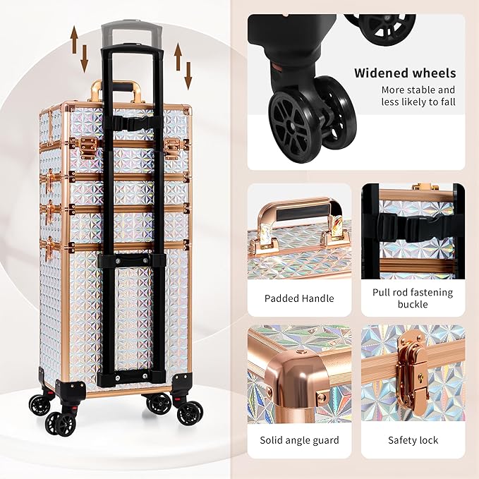 AROUS 5 in 1 Rolling Makeup Train Case Cosmetology Case on Wheels Large Cosmetic Organizer Travel Cart for Hairstylist Artist Nail Beauty Salon Barber,White
