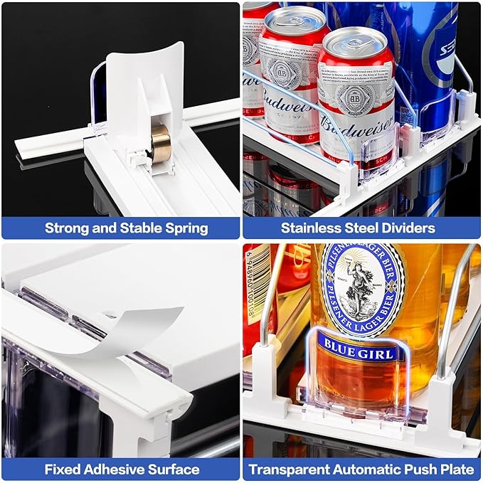 Drink Organizer for Mini Fridge, Automatic Pusher Drink Dispenser for Refrigerator, Soda Can Organizer for Beer Beverage, Holds up to 16 Cans 4Row (Depth12.2 xWide13.4)