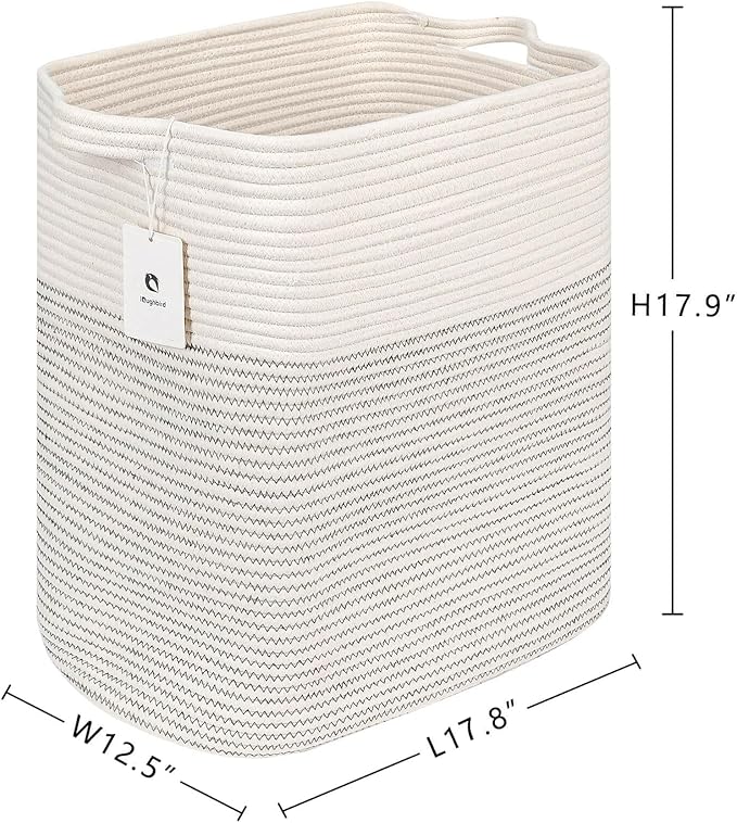 Storage Baskets for Clothes Fabric Cotton Rope Storage Basket with Handles, Decorative Woven Basket for Living Room,Closet Organizer Blankets, and 2bags (White/Black Line, L17.8×W12.5×H17.9)